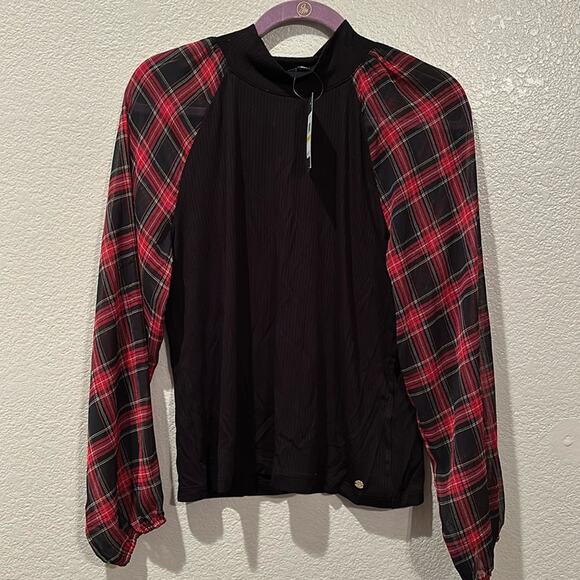 NWT Tommy Hilfiger black and plaid mock neck Top sz M - Picture 1 of 7
